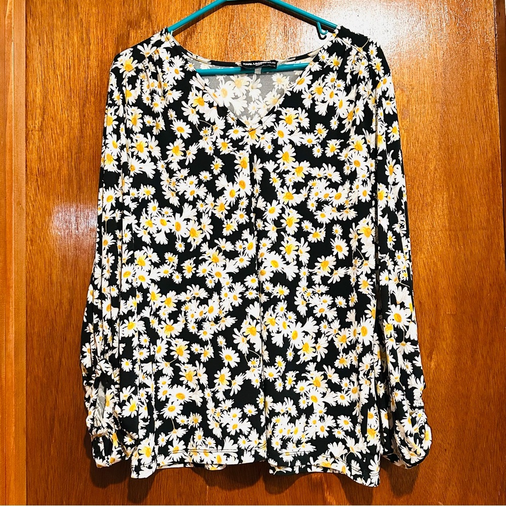 Karl Lagerfeld Paris Daisy Floral V-Neck Blouse Balloon Sleeve Size M